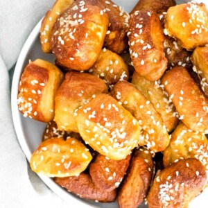 A bowl of homemade soft pretzel bites.
