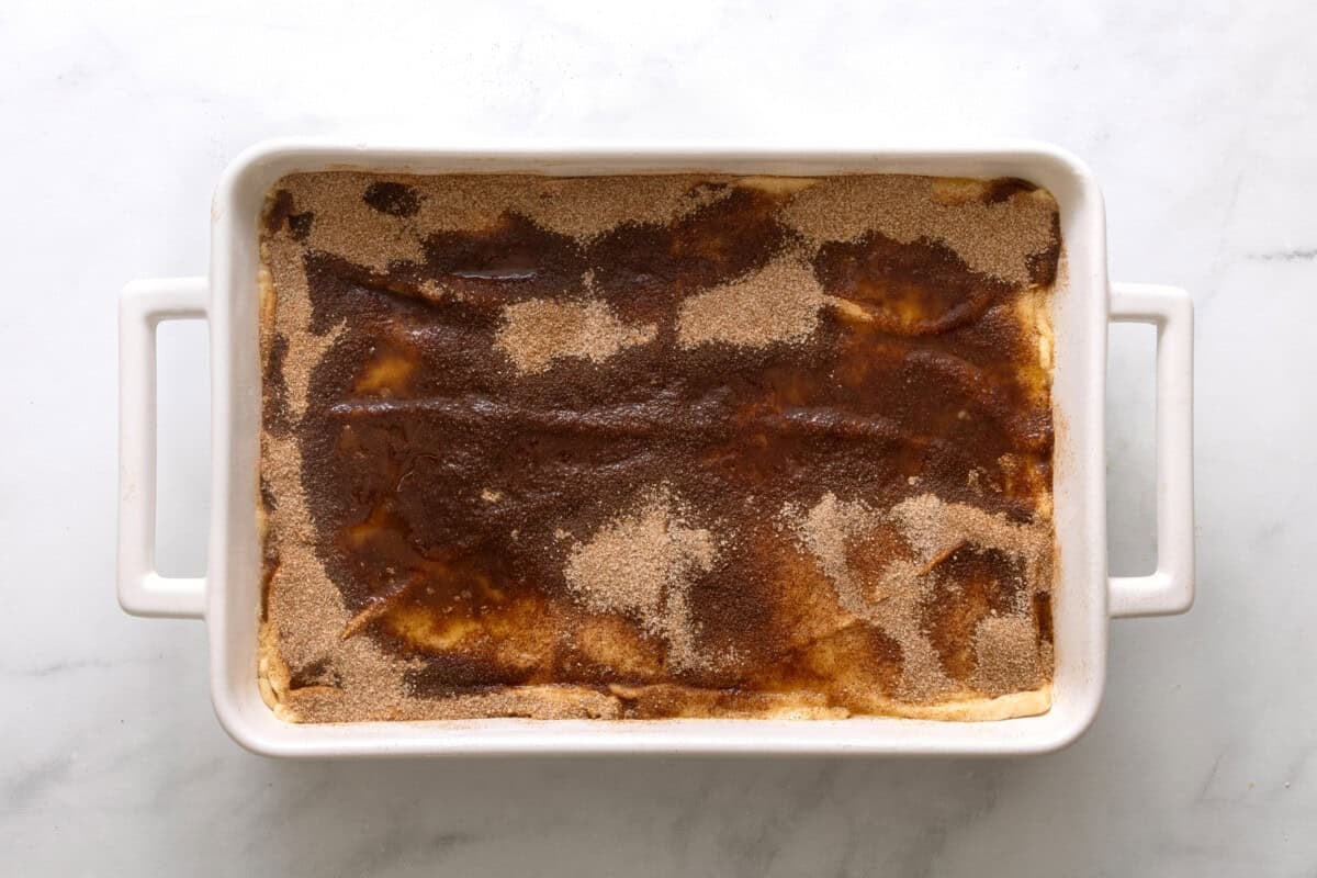 Sopapilla cheesecake in baking dish before baking.
