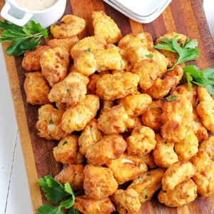 air fryer popcorn chicken on a cutting board