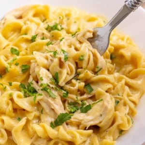 A fork digs into a bowl of crockpot chicken and noodles.