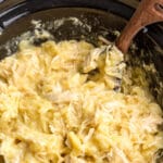 wooden spoon in a slow cooker full of chicken and noodles