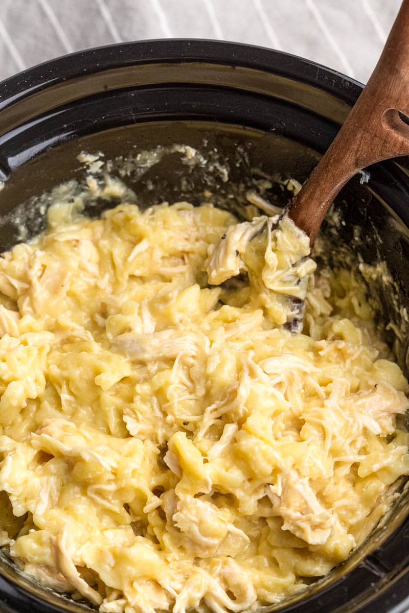 wooden spoon in a slow cooker full of chicken and noodles 