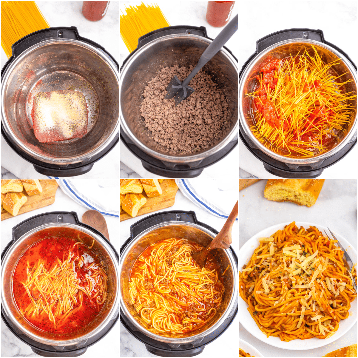 Top down photos of instant pot spaghetti steps.