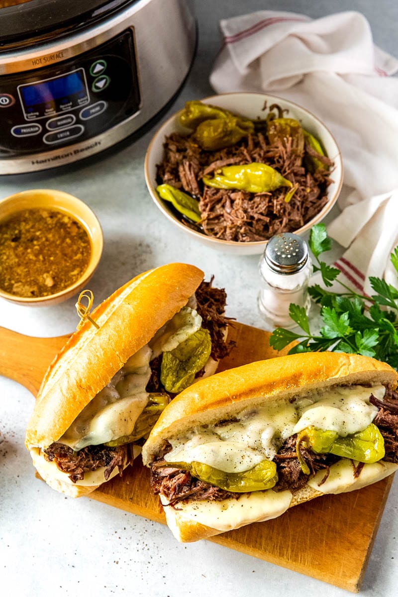pot roast sandwich with cheese and banana peppers 