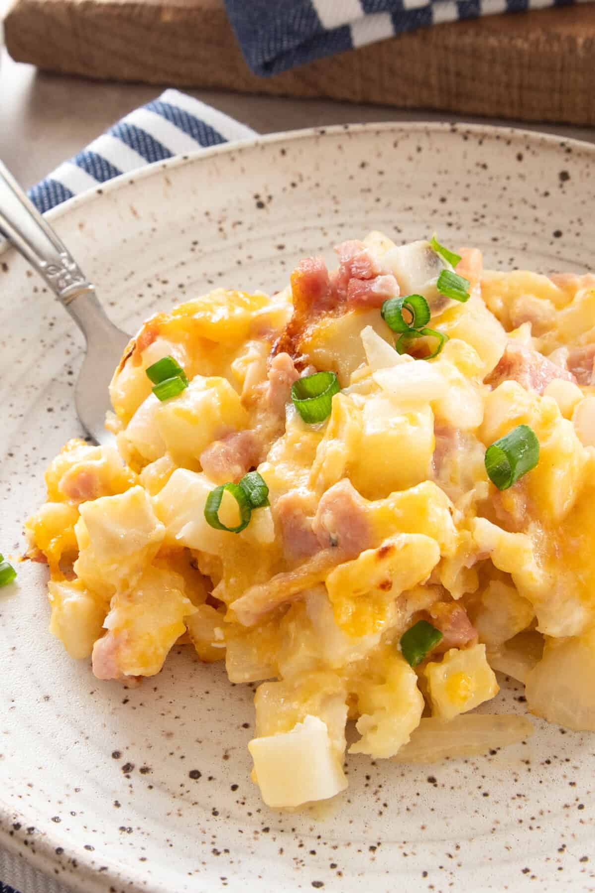 Plate of cheesy ham and potato casserole with green onions for garnish.