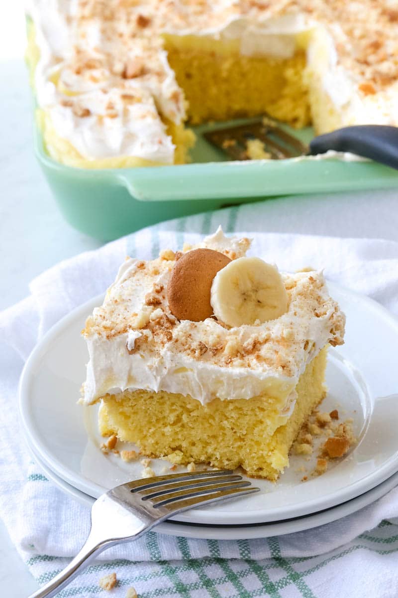 banana poke cake recipe on a plate.