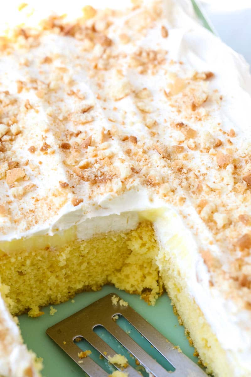 poke cake missing a piece of cake.