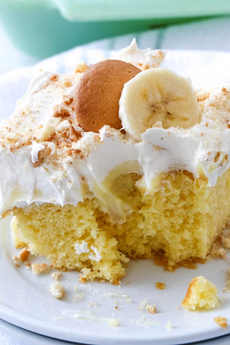close up of piece of poke cake.