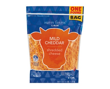 Bag of Happy Farms Shredded Mild Cheddar Cheese from Aldi.