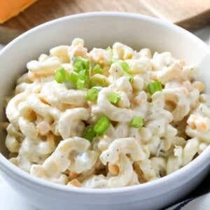 A bowl of macaroni salad.