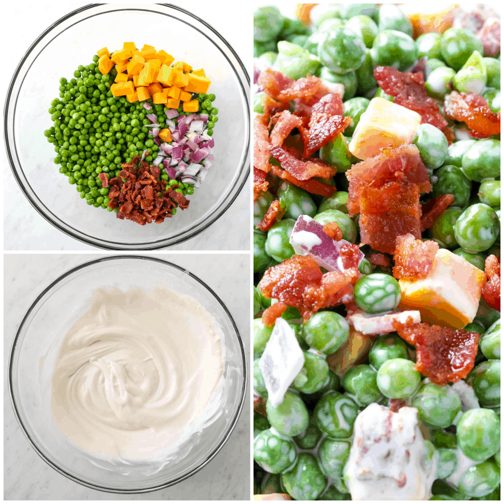 pea salad ingredients in a bowl