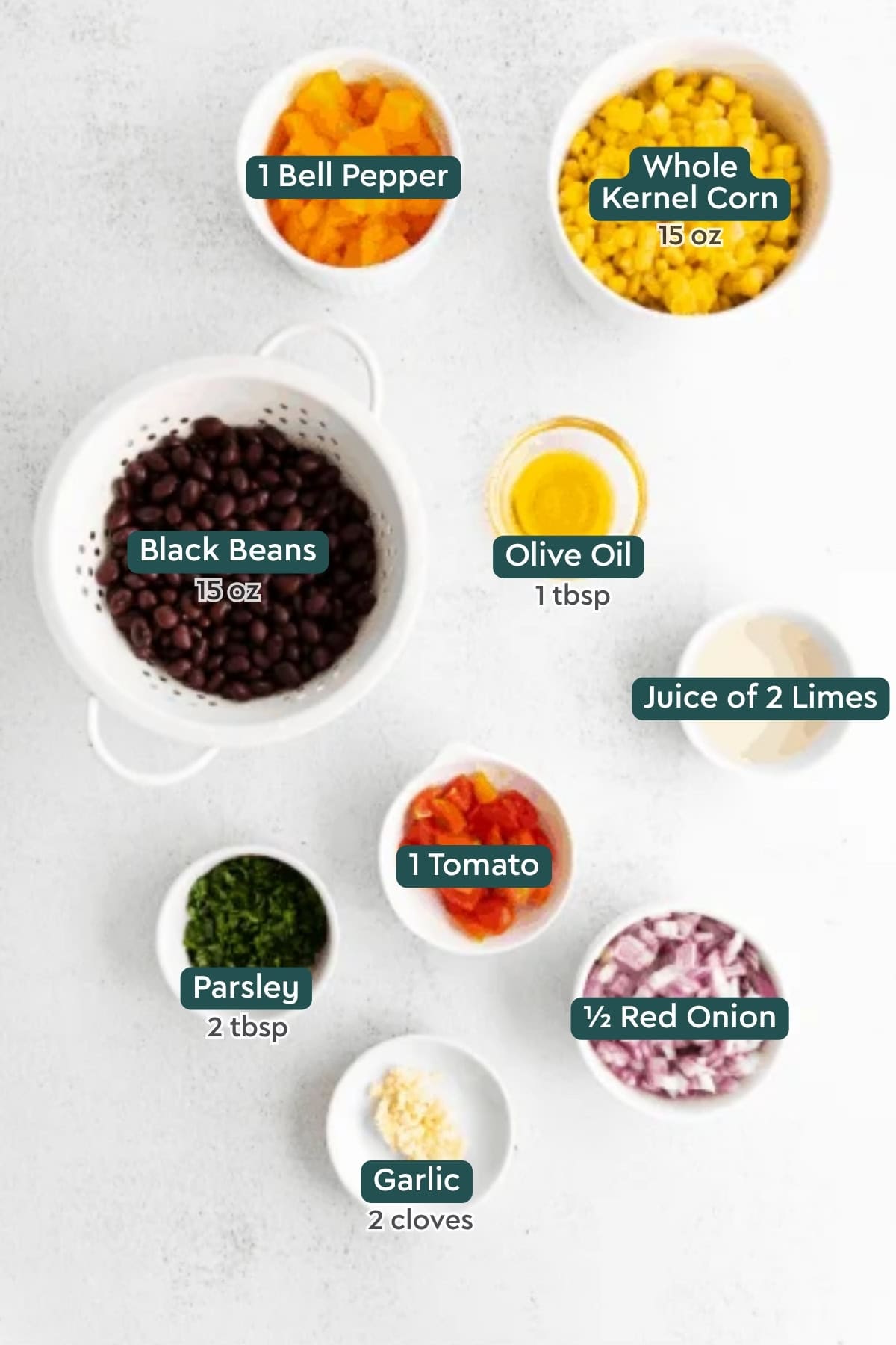 Ingredients for black bean and corn salsa, including corn, pepper, beans, oil, lime juice, tomato, red onion, parsley, garlic.