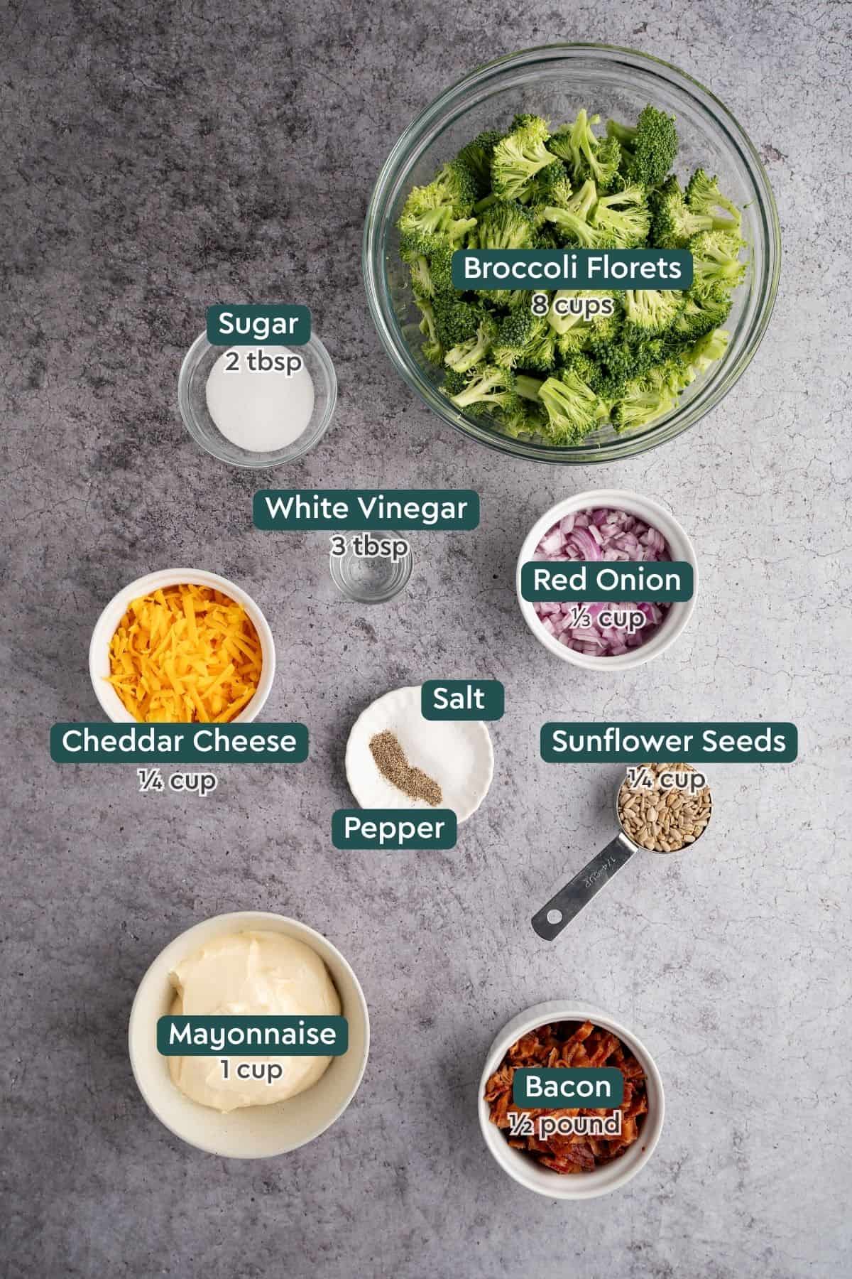 Ingredients for broccoli salad, including broccoli, sugar, onion, vinegar, cheese, sunflower seeds, mayo, bacon.
