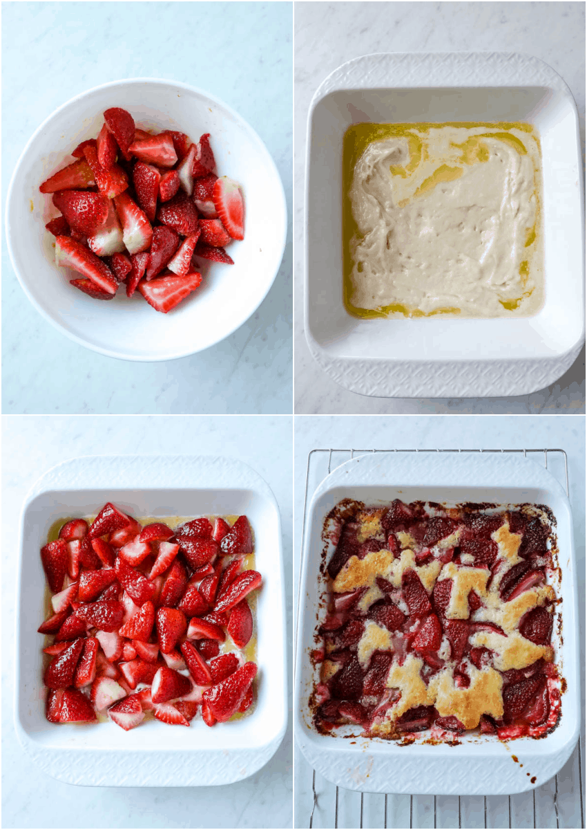 steps to make strawberry cobbler in a white dish.
