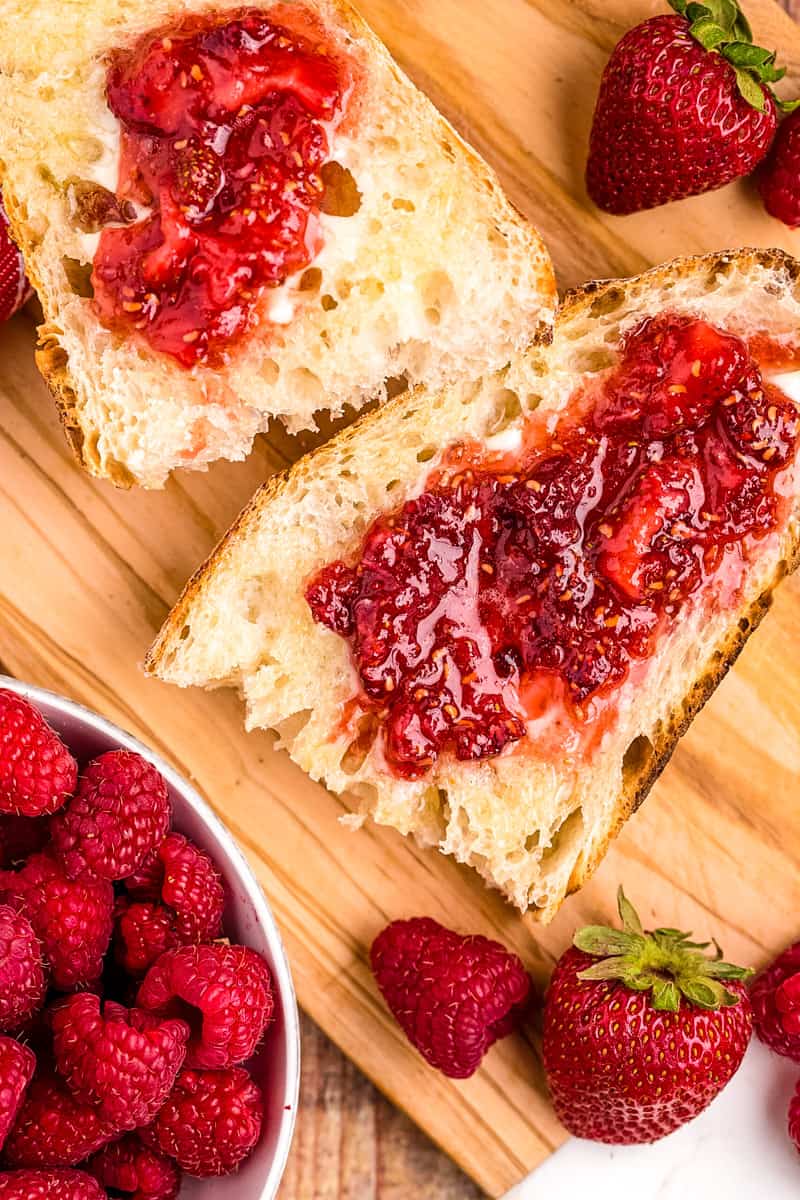 jam spread on bread on a table