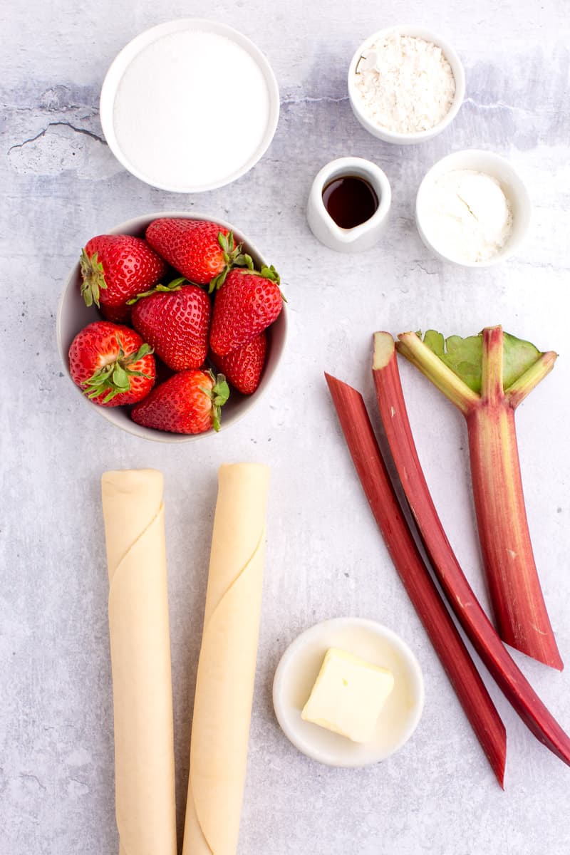 ingredients for making strawberry rhubarb pies
