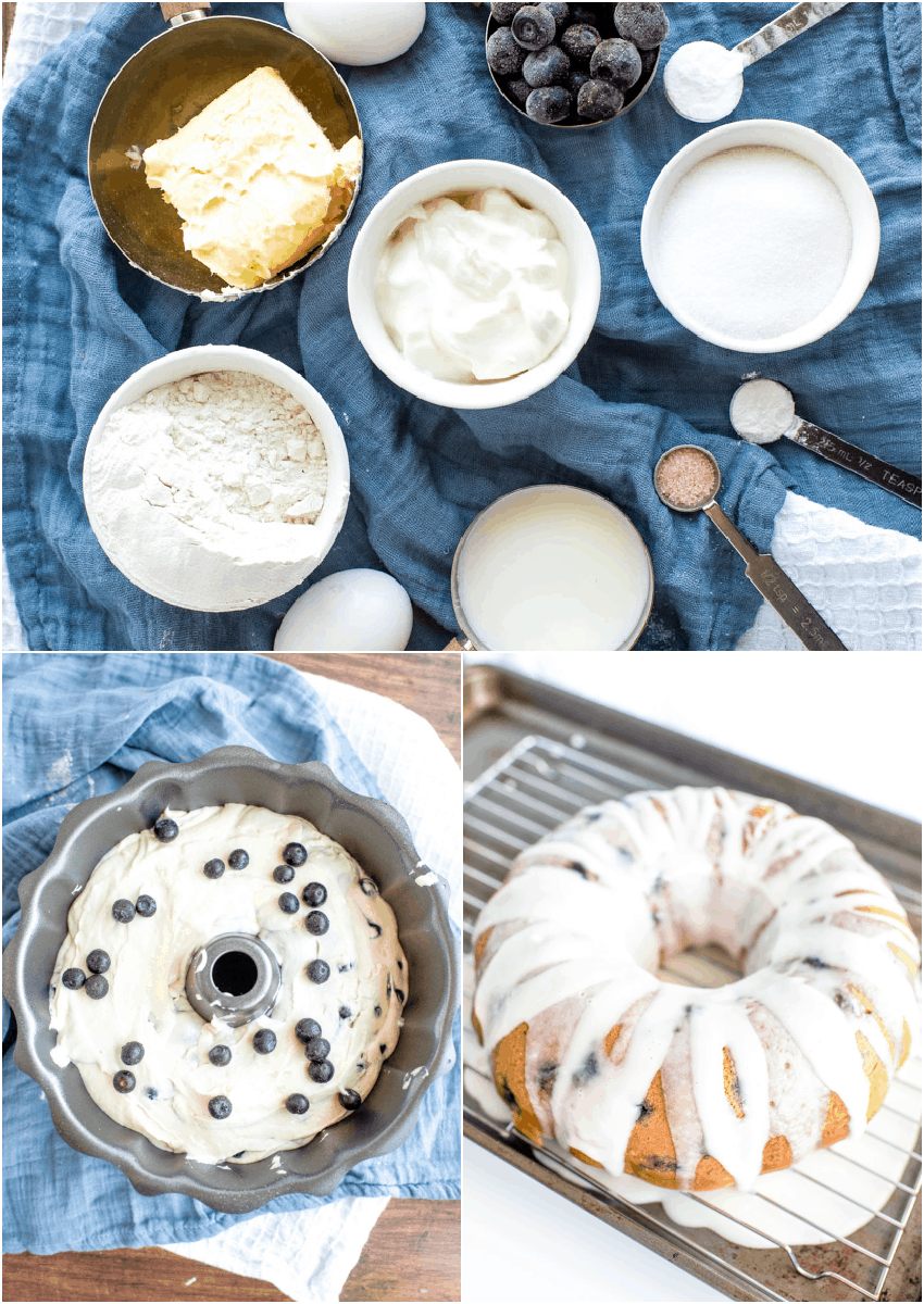 ingredients and steps for blueberry bundt cake