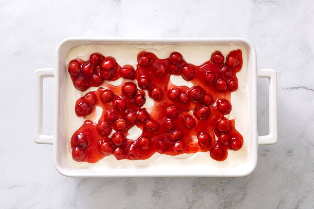 Cherry pie filling added to no-bake cheesecake.