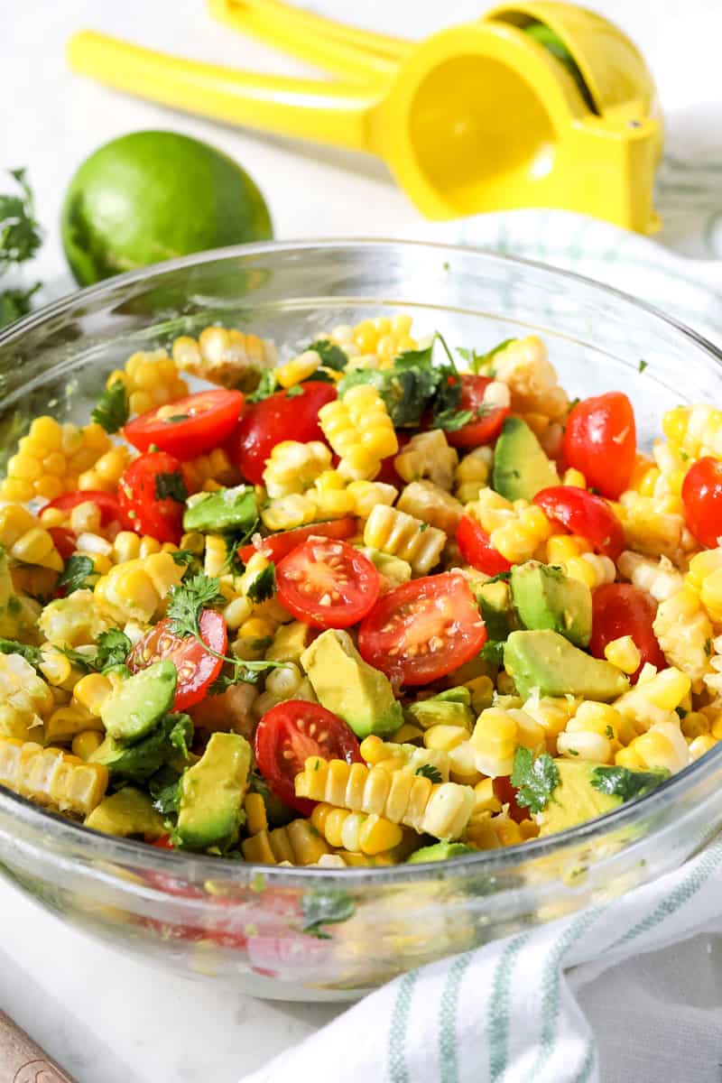 Corn, Avocado & Cilantro Salad in glass bowl