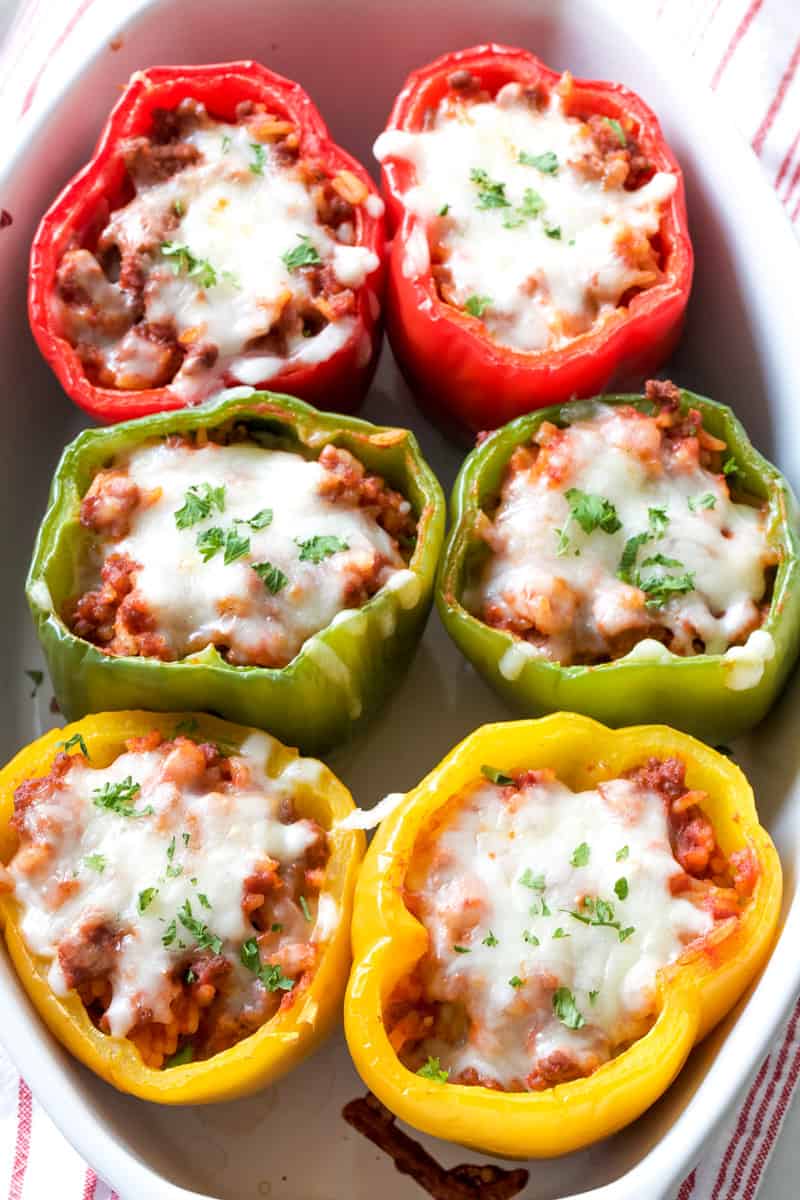 stuffed peppers colorful peppers in a casserole dish