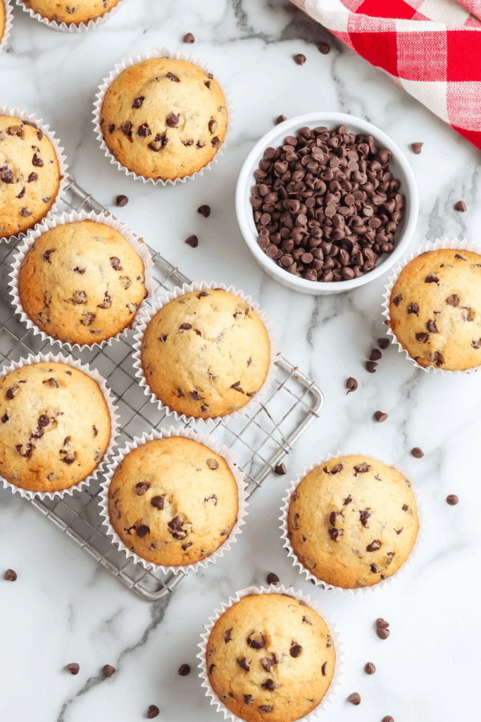 chocolate chip muffins on a table overhead view