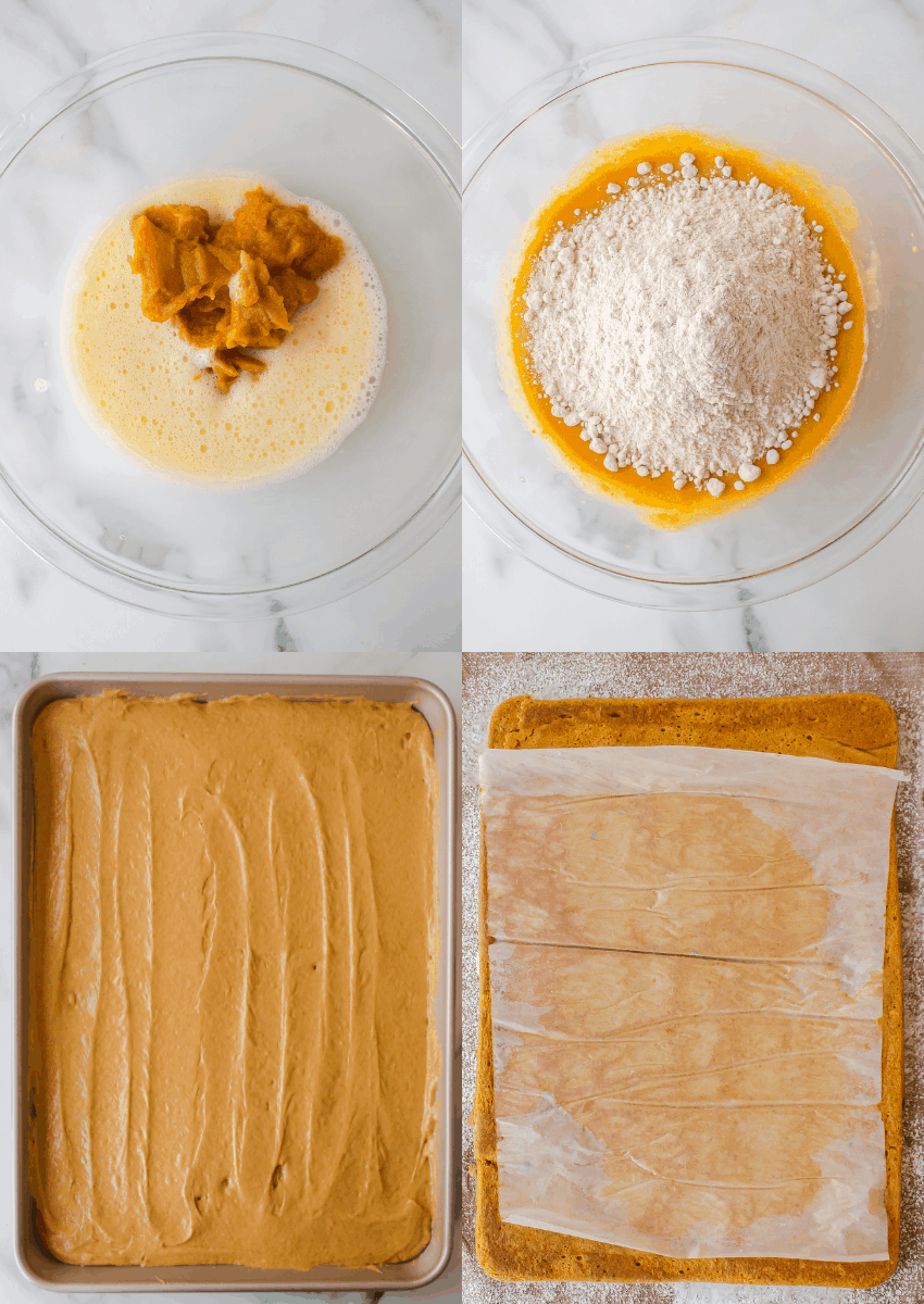 steps to make cake mix pumpkin roll with cream cheese frosting