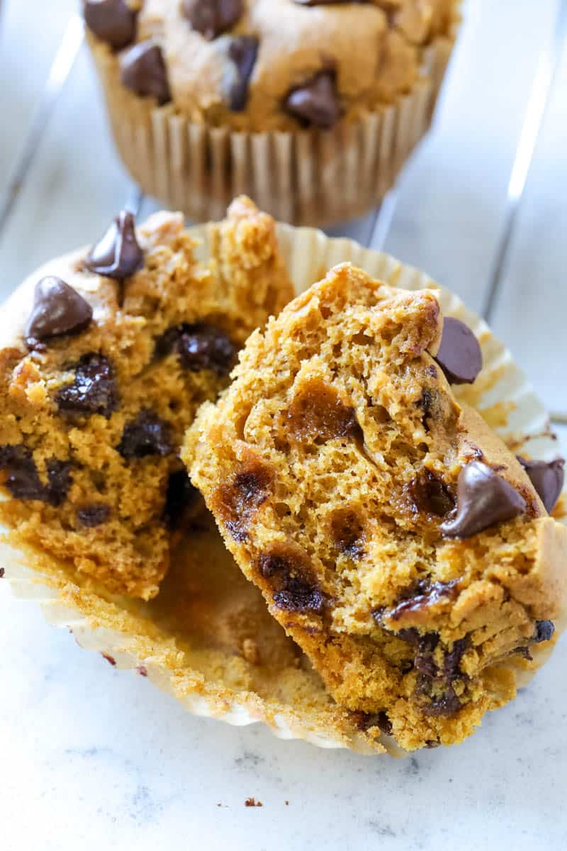 A pumpkin chocolate chip muffin showing the inside of the muffin.  