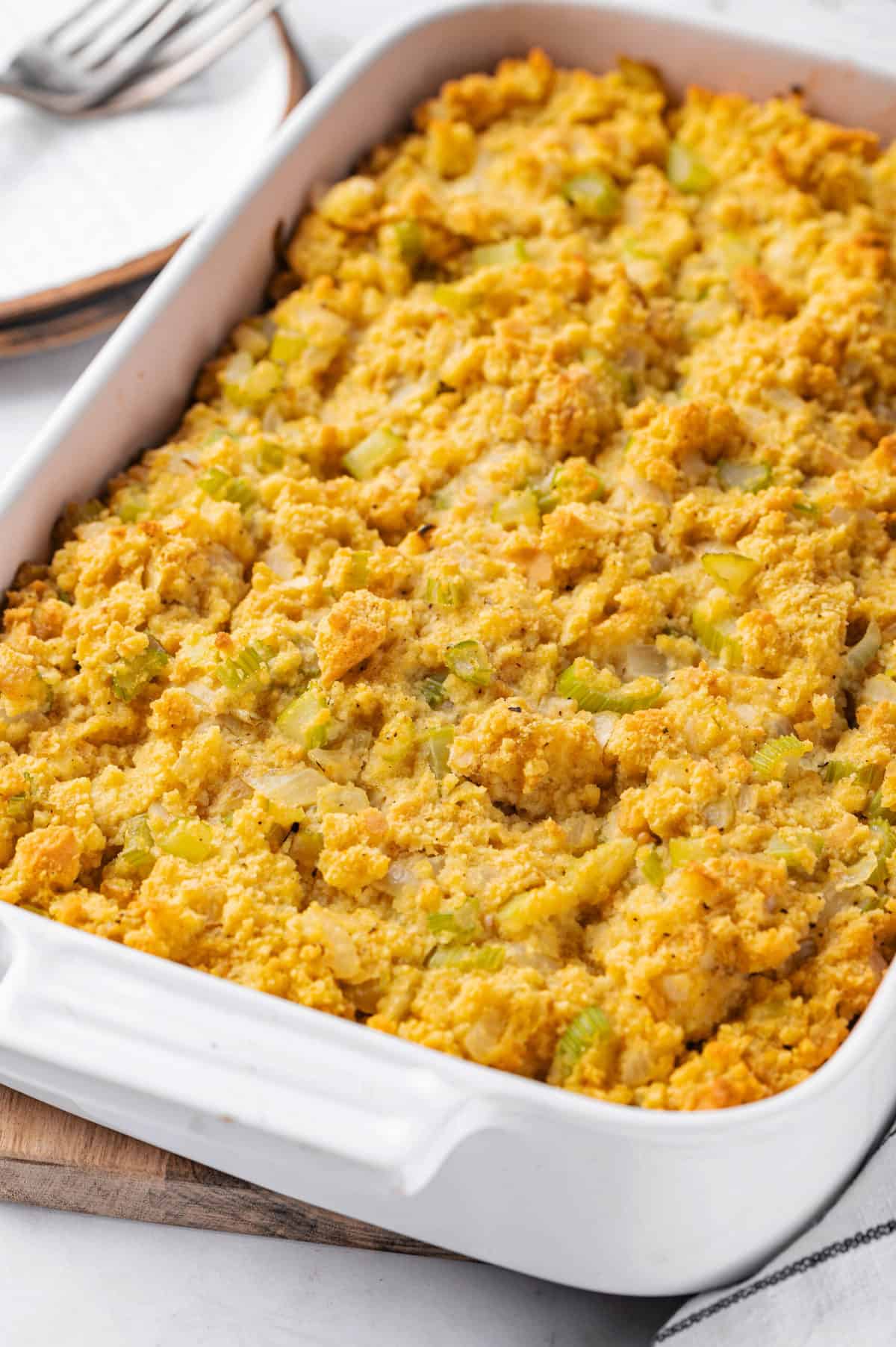 cornbread dressing served in a casserole dish