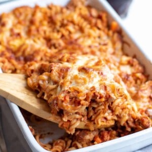 turkey casserole served in a white rectangle dish
