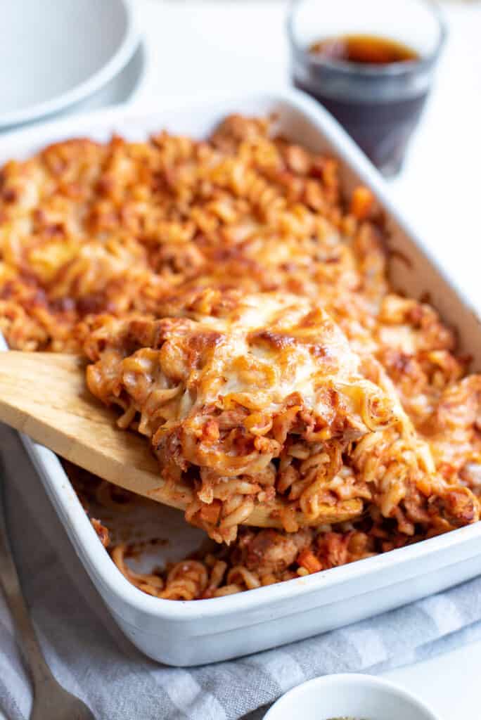 turkey casserole served in a white rectangle dish