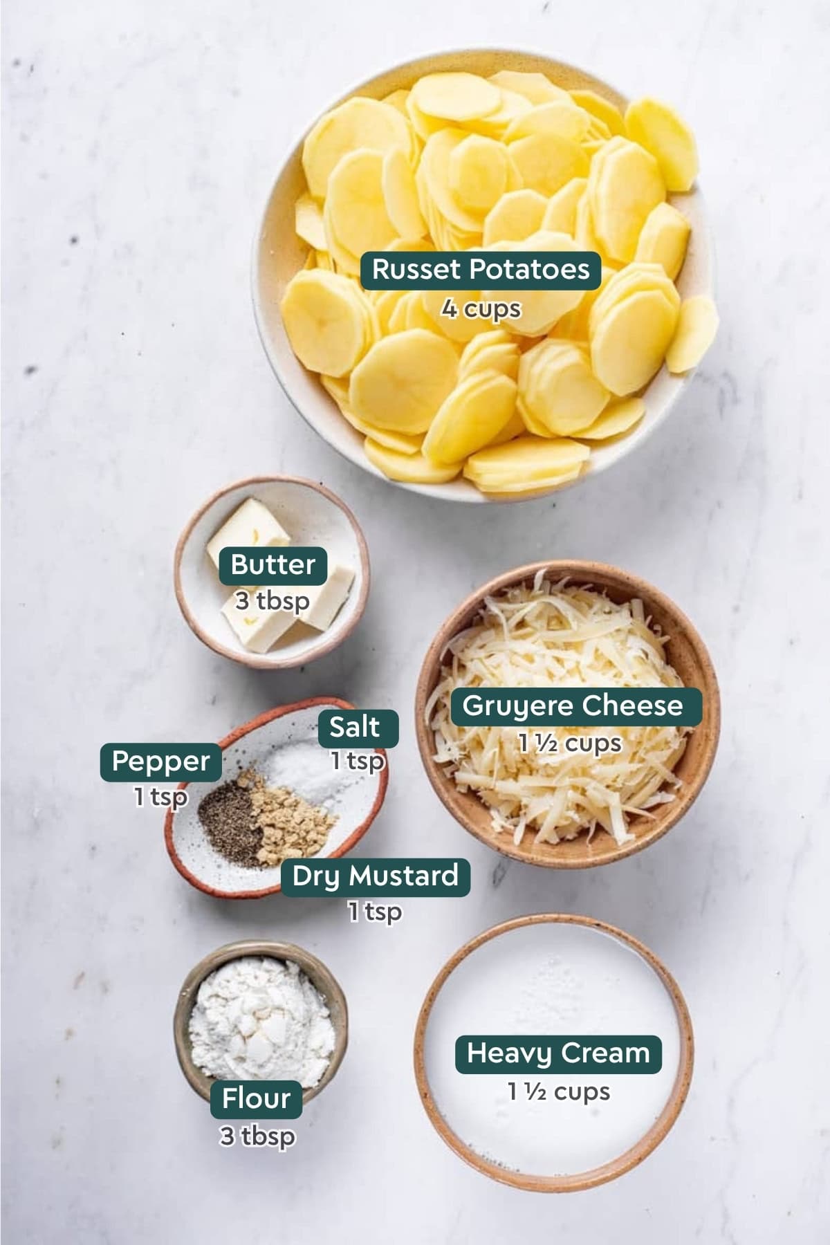 All of the ingredients for cheesy au gratin potatoes in bowls on a white countertop.