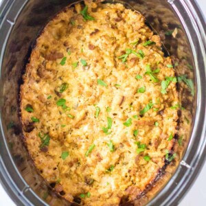 slow cooker turkey stuffing casserole in a crock pot