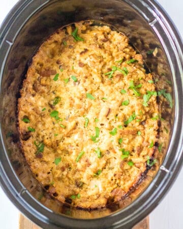 slow cooker turkey stuffing casserole in a crock pot