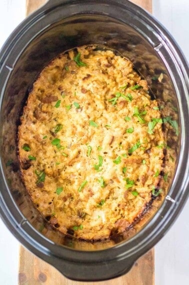 slow cooker turkey stuffing casserole in a crock pot