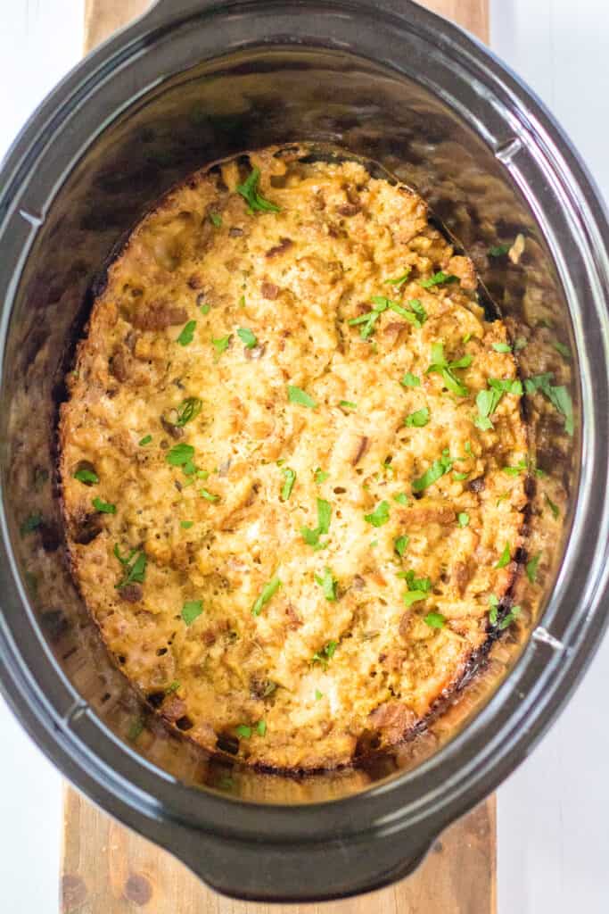 slow cooker turkey stuffing casserole in a crock pot