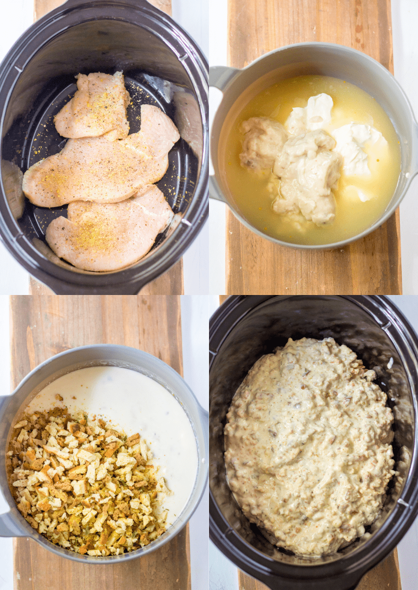 steps to make slow cooker turkey stuffing casserole
