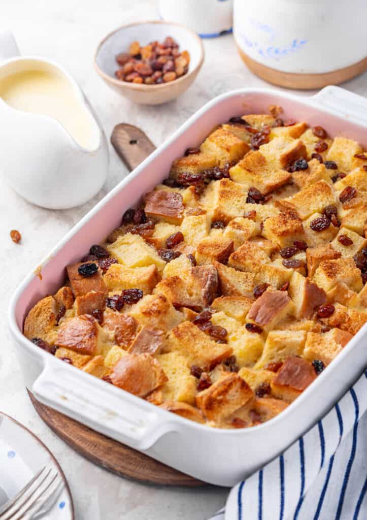 bread pudding in a casserole dish