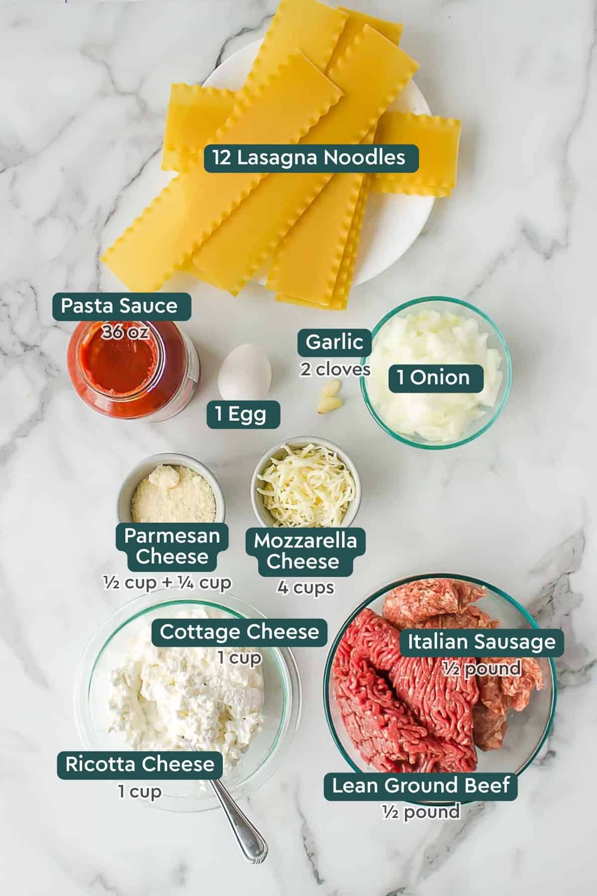 Ingredients for easy meat lasagna, including noodles, sauce, garlic, onion, egg, parmesan, mozzarella, cottage cheese, ricotta, beef, and sausage.