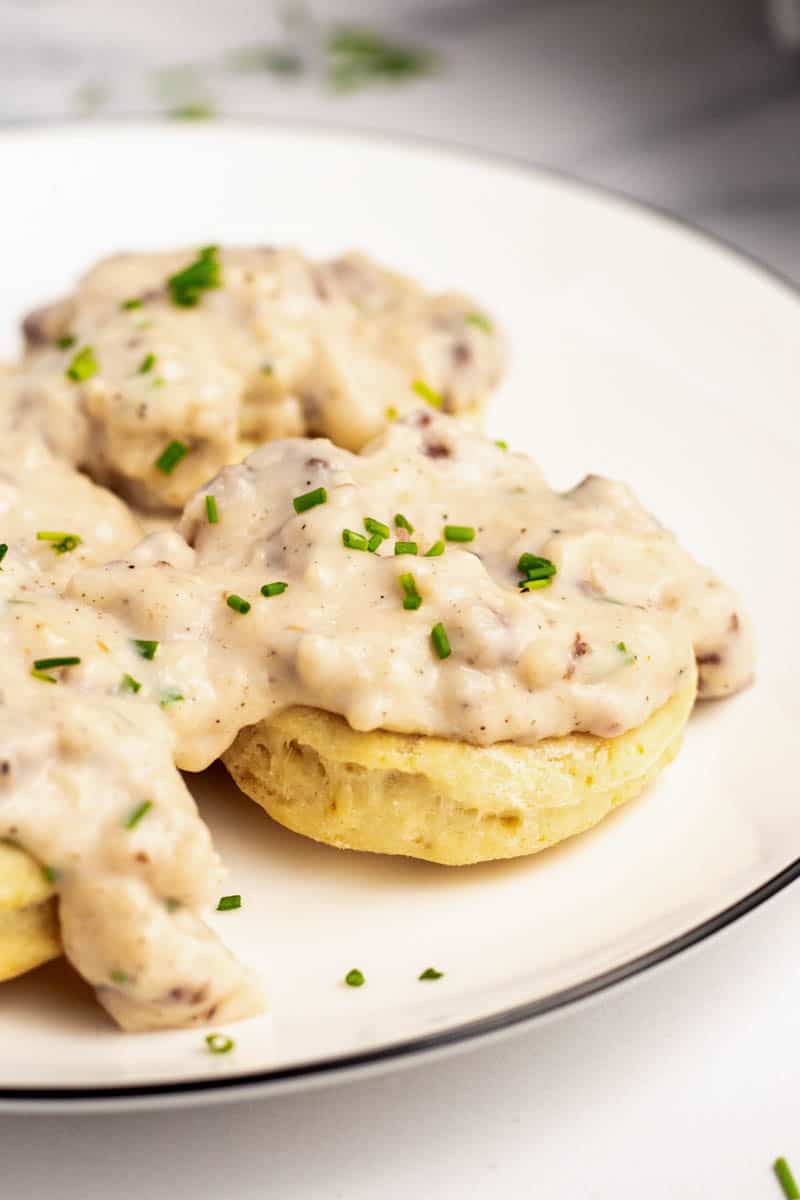 homemade biscuits and gravy served on a plate