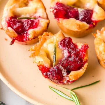 cranberry brie bites on a pink plate with rosemary.