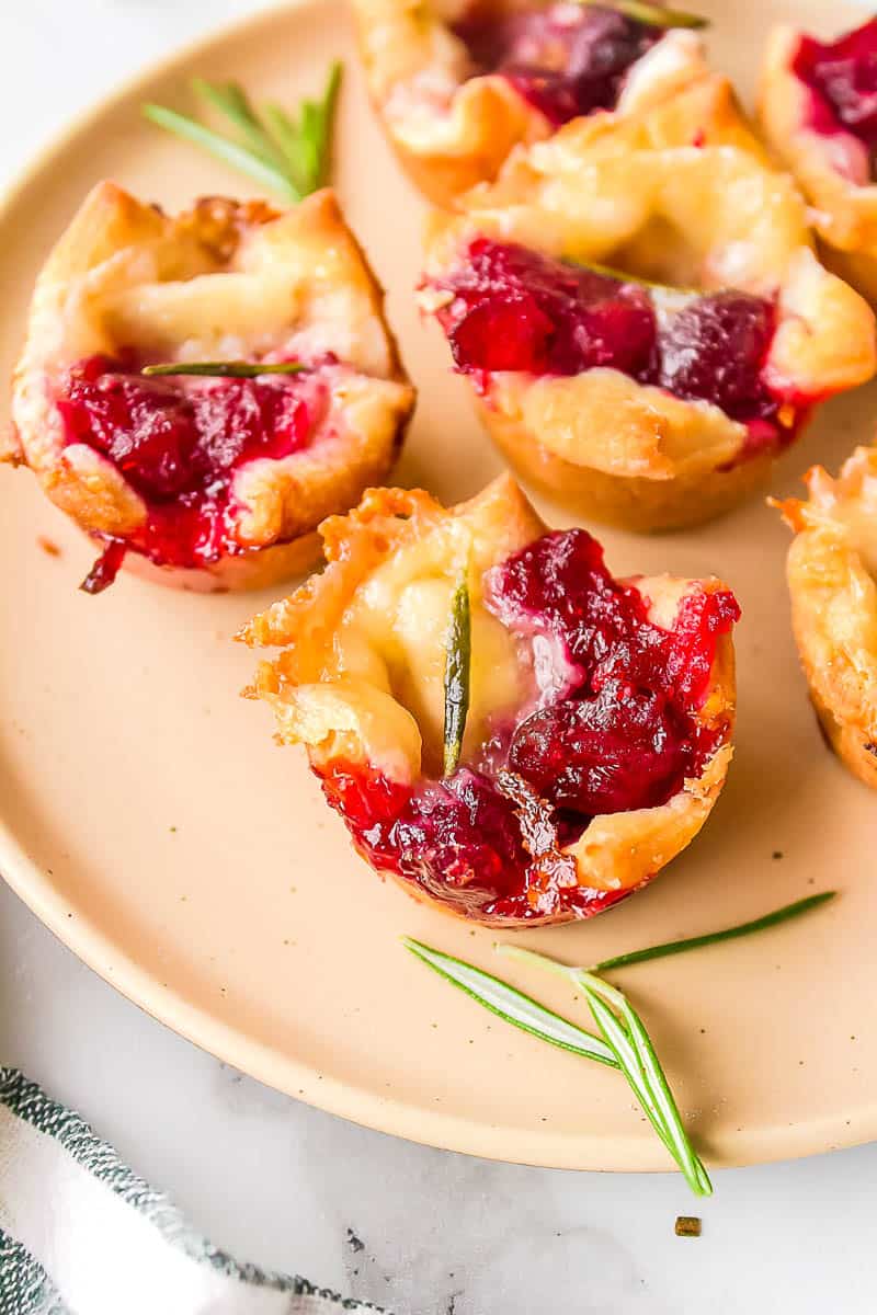 cranberry brie bites on a pink plate with rosemary garnish