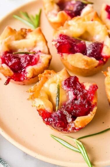 cranberry brie bites on a pink plate with rosemary.