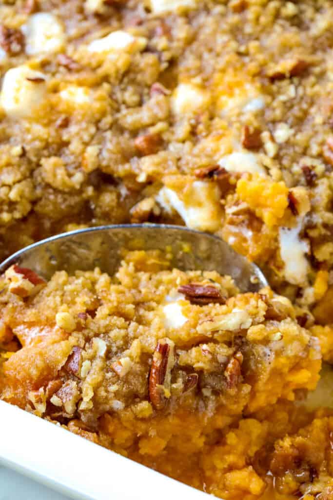 close up of casserole made with sweet potatoes