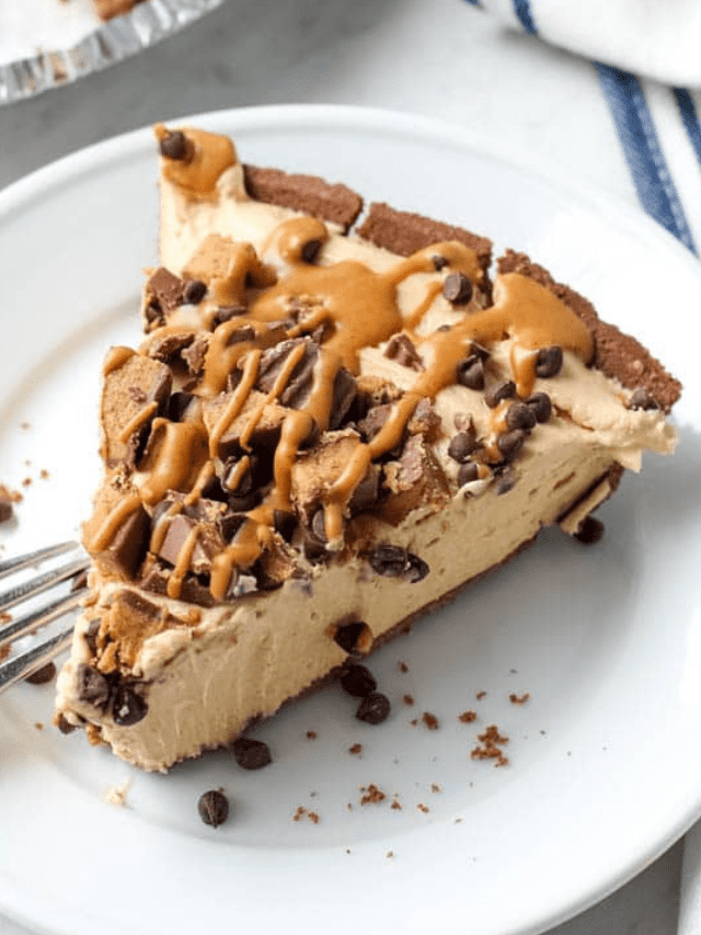 slice of no bake chocolate peanut butter pie served on a plate.