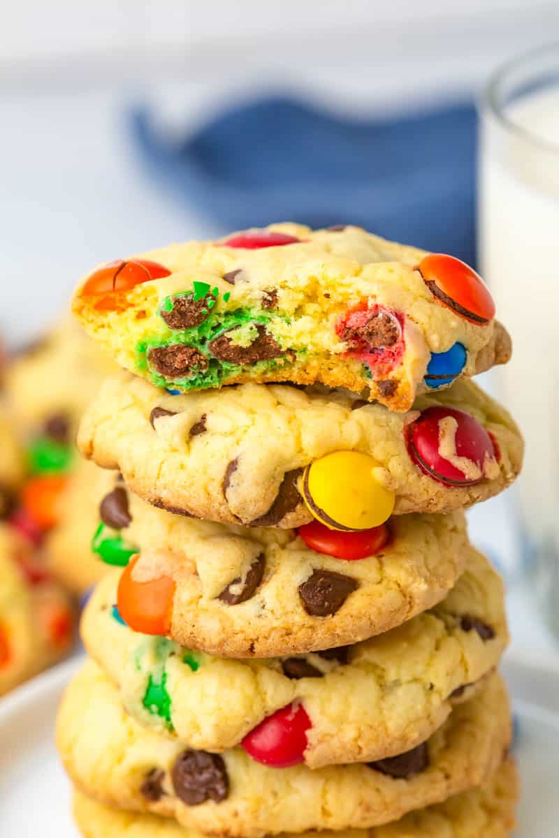 stacked cake mix m&m cookies on a plate