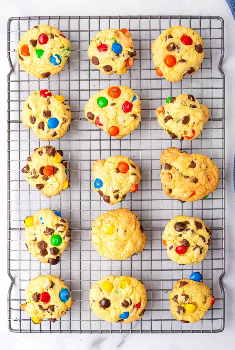 baked cake mix m&m cookies on a wire cooling rack