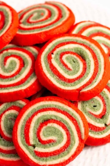 Red, green, and white Christmas pinwheel cookies.