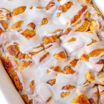 A casserole dish with cinnamon roll French toast casserole.