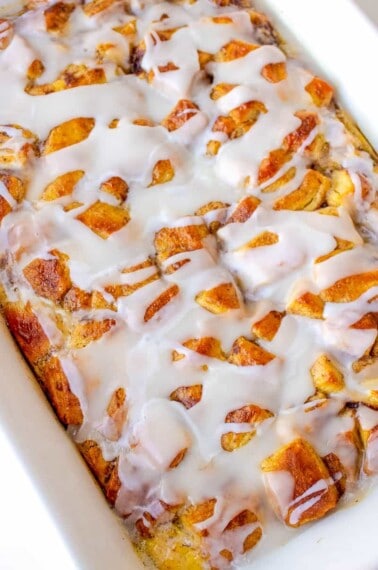 A casserole dish with cinnamon roll French toast casserole.