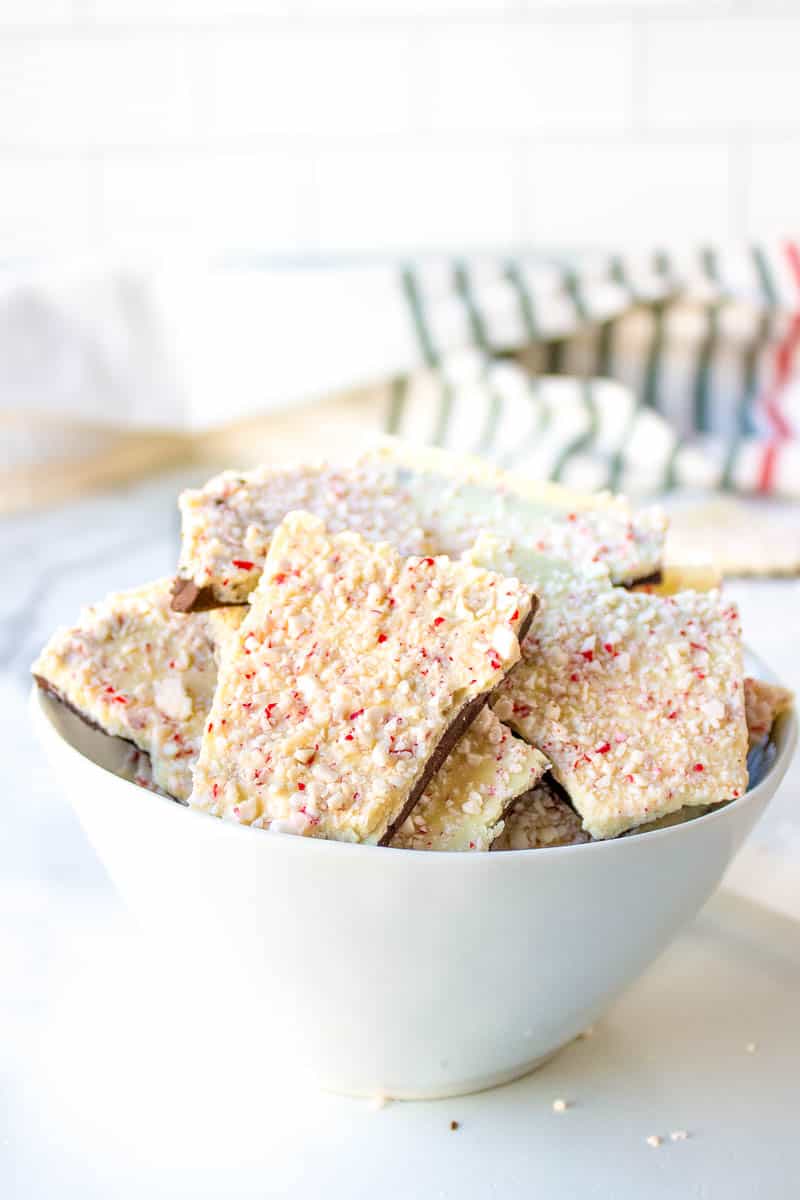 peppermint bark in a white bowl